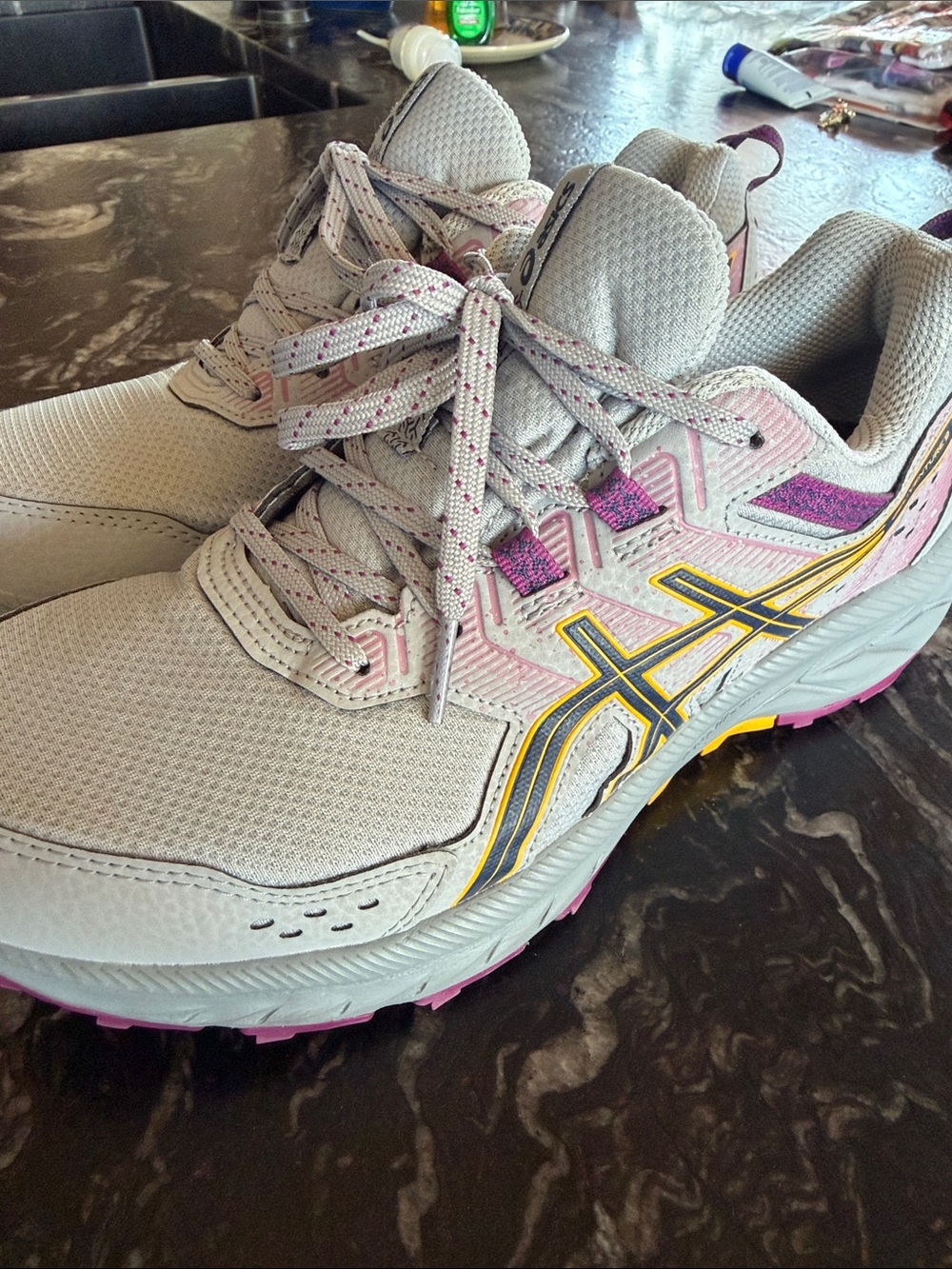 ASICS Women's Trail Running Shoes in Light Gray with Purple and Yellow Accents